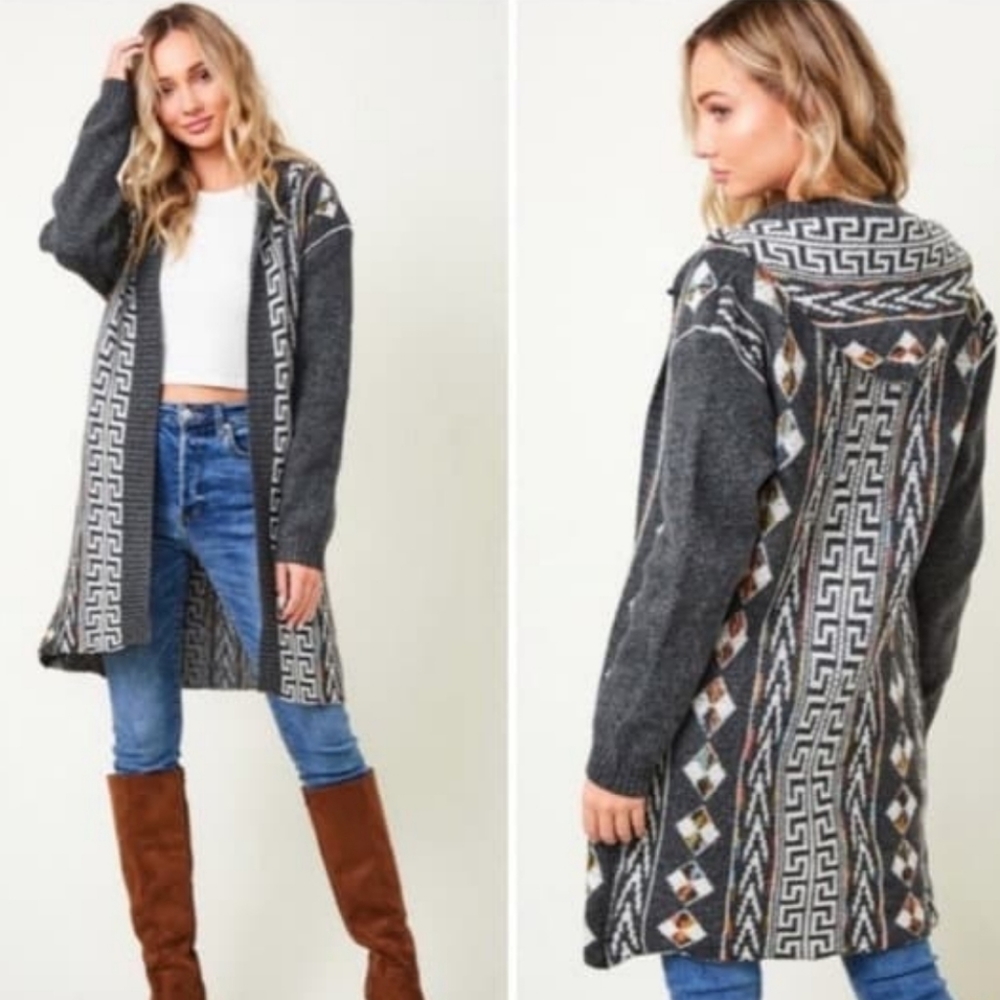 New! Cozy Charcoal Gray Aztec Boho Knit Cardigan Sweater - Picture 10 of 10